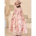 thumbnail image 4 of Kids Girls Puff Sleeve Floral Chiffon Dress, Square Neck Tiered Ruffle Trim Casual Long Dress, for Formal Events, Vacations & Photoshoots Pink 7-8 Years, 4 of 8