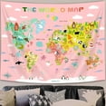 thumbnail image 2 of Kids World Map Tapestry, Cartoon Animals Map of World Topography Educational Pink Tapestries Posters for Student Dorm Wall Art Decor, Geographical Travel Map Tapestry for Bedroom Living Room, 80X60in, 2 of 5