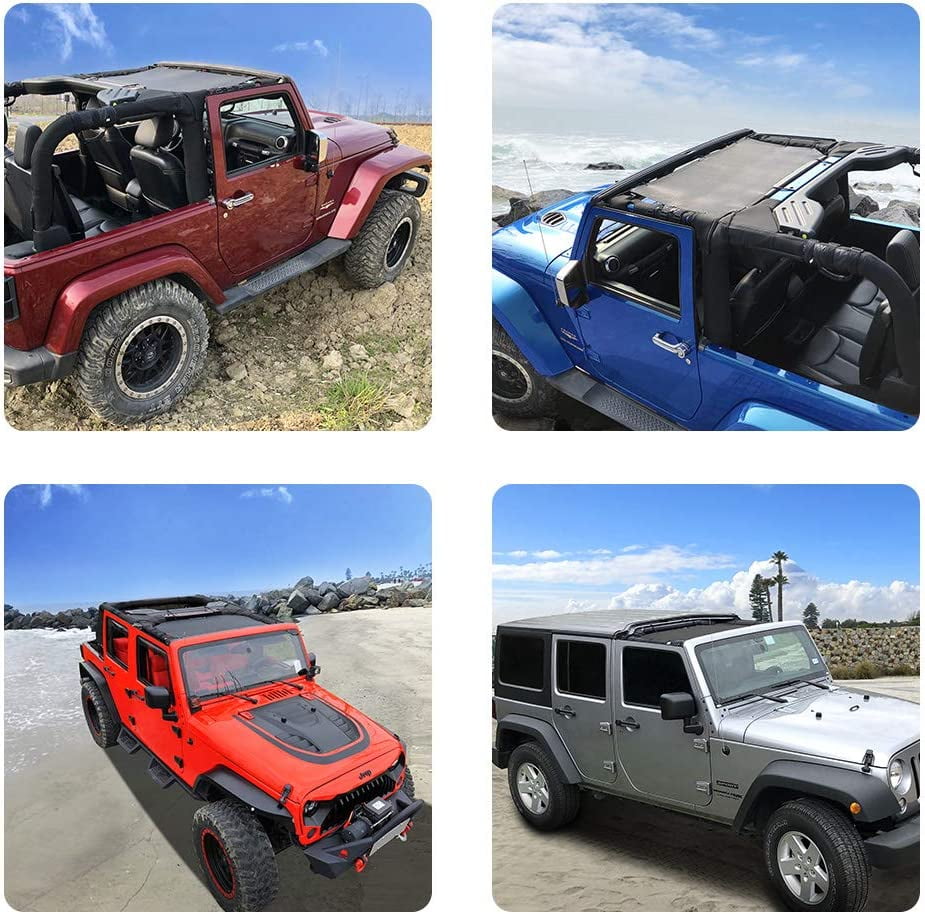 Shadeidea Jeep Wrangler Sunshade JK Unlimited (2007-2018) 2 Door and 4 Door Front-Blue Mesh Screen Sunshade SAHARA RUBICON SPORT S Top Cover UV Blocker with Grab Bag-10 Years Warranty