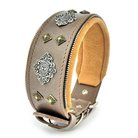 The Bestia "Aztec" Gray Leather Dog Collar for Large Dog Breeds