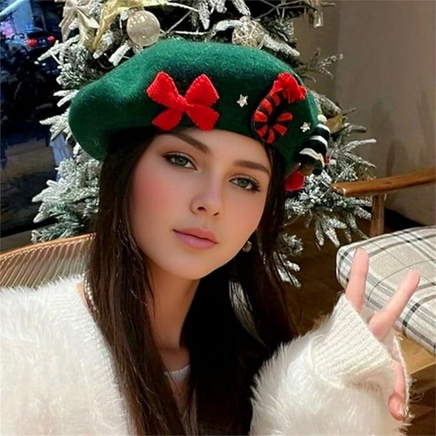 Boina Roja Festiva con Lazo y Decoración de Árbol de Navidad - Sombrero para fiesta navideña para mujeres