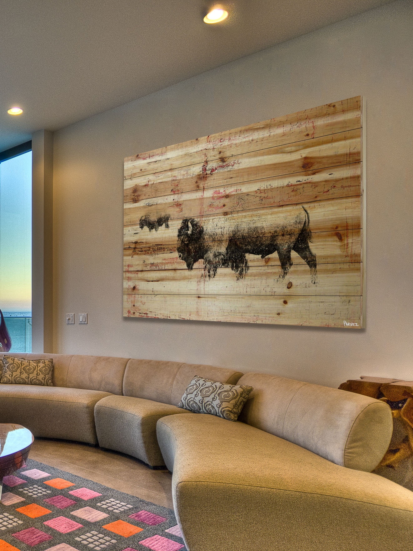 "Buffalo Walking" Painting Print on Natural Pine Wood