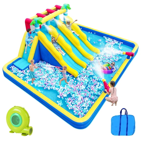 Neche Inflatable Water Slide Bounce House，246" x 195" x 93" Large Pool Outdoor with 750W Blower, Kids Water Park with 3 Long Water Slides