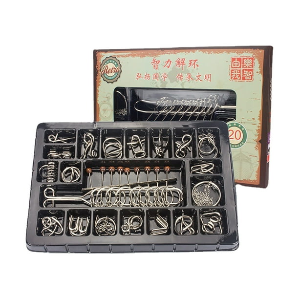 Juego de 20 rompecabezas de alambre metálico con bolsa Rompecabezas para entrenar el cerebro Prueba de CI Rompecabezas de anillos entrelazados Juego de desentrañar Rompecabezas metálico para fiestas