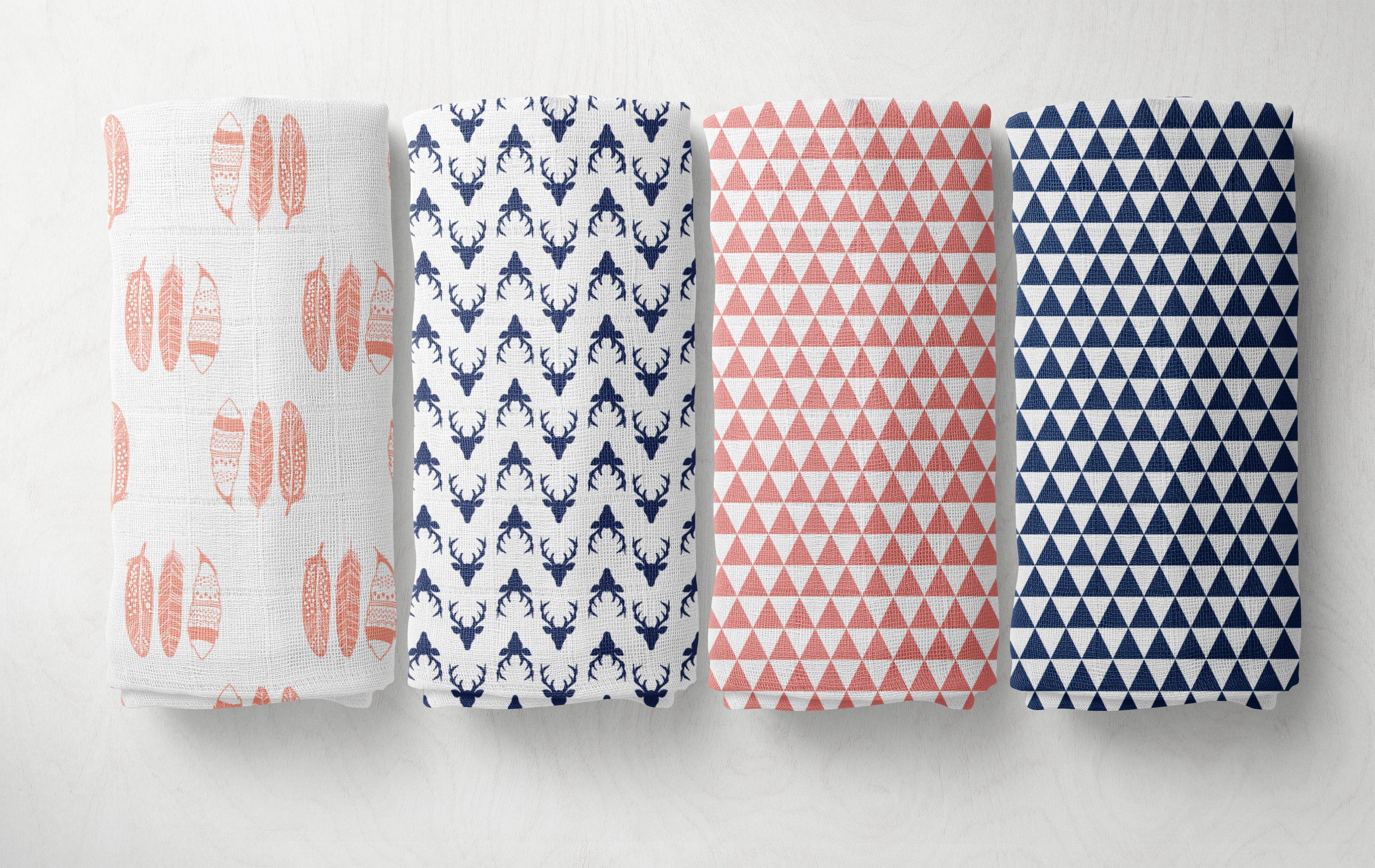 Bacati - Tribal Coral/Navy Feathers/Buck/Triangles Muslin Girls Crib Bedding Set
