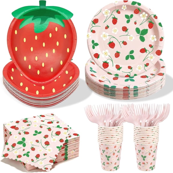 125pcs Strawberry Paper Plates Set, 8.5 and 9 Inch Disposable Plate Strawberry Theme Party Decorations Napkins Forks and Cups for Dinner Shortcake Birthday Wedding, Serves 25