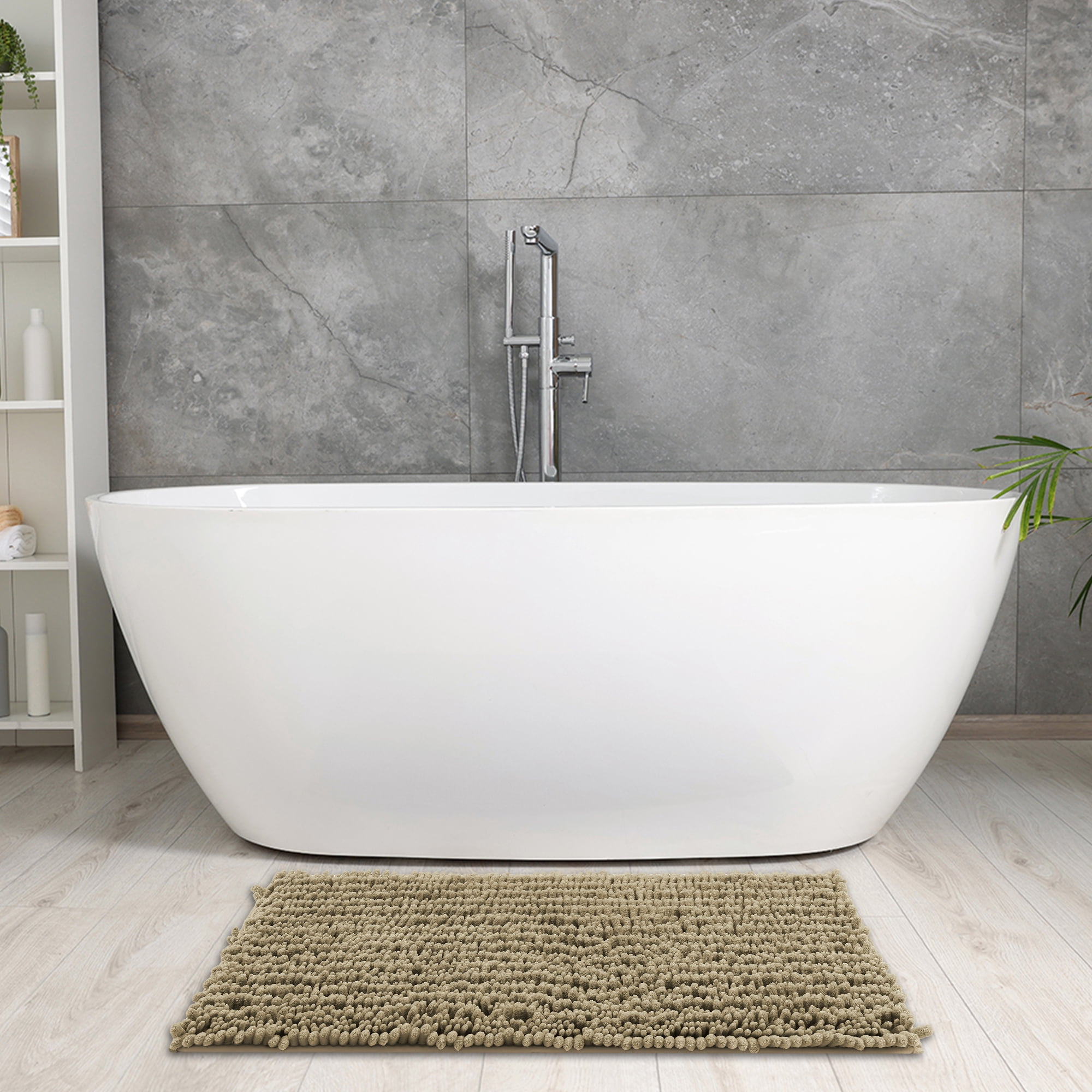 Unique Bargains Chenille Bathroom Rugs Non-Slip Bath Rugs Plain Washable Soft Shower Mat Khaki 20" x 32"