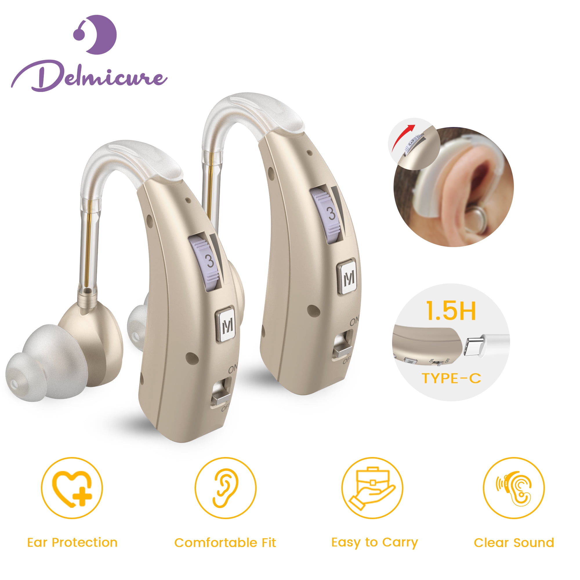 Delmicure Digital Hearing Aids for Seniors, Rechargeable, Pair, VHP-1303, Gold