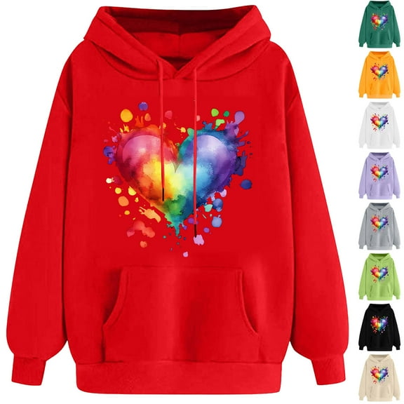 VBTAPA Cute Hoodies for Women Love Heart Print Long Sleeve Drawstring Hooded Sweatshirt Loose Casual Kangaroo Pocket Hoodie Teen Girls Valentines Day Gifts Black XXL