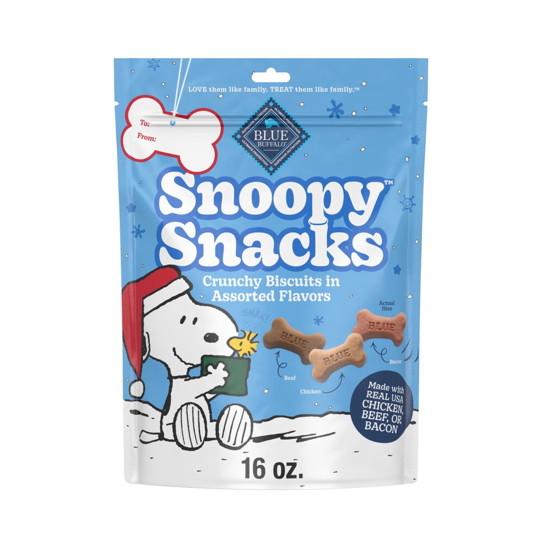 (4 pack) Blue Buffalo Snoopy Snacks Crunchy Dog Treats, Assorted Flavors, Small, 16oz. Bag