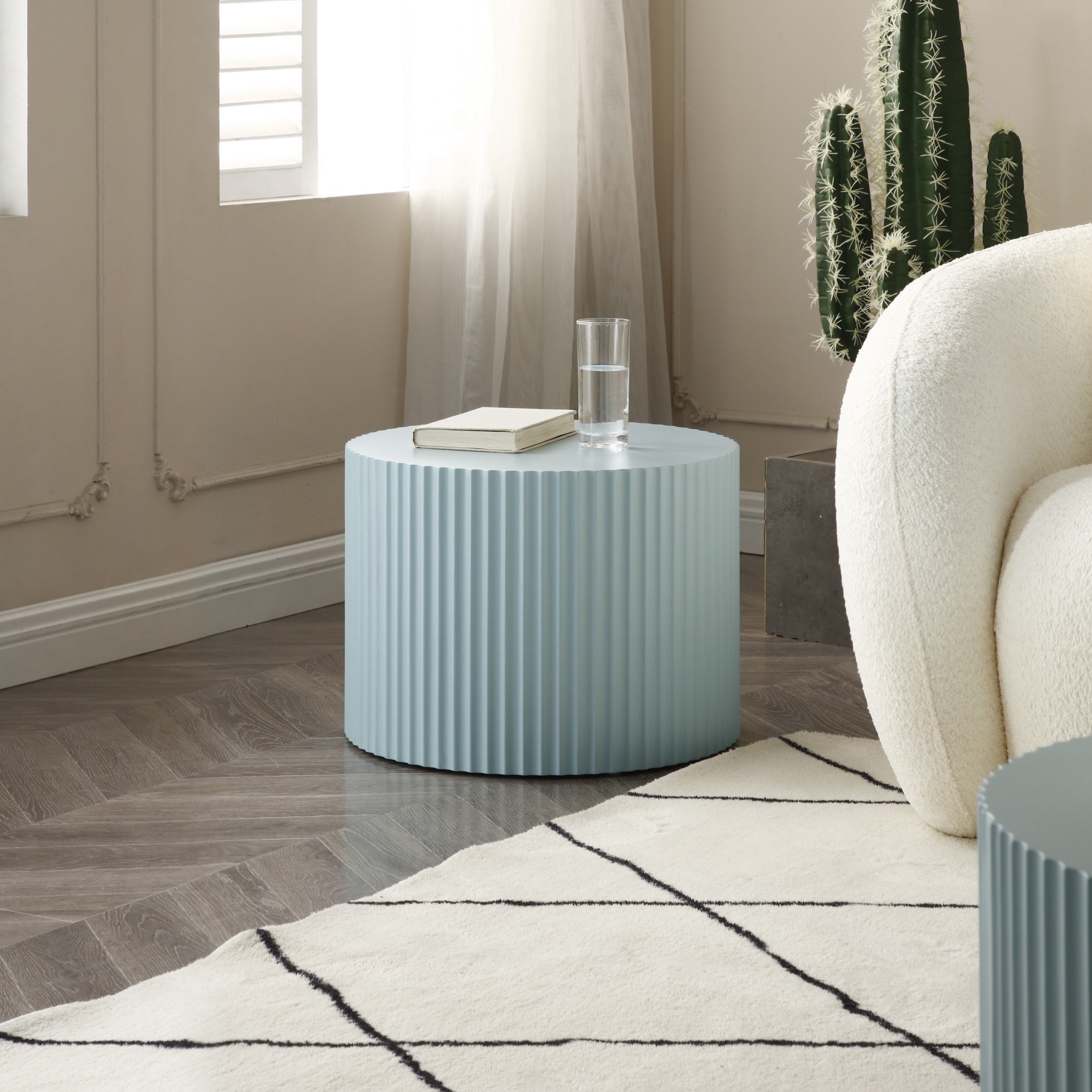 Noble House Nesting Round Coffee Tables, Modern MDF Handcrafted Relief for Living Room, Light Blue, Set of 2
