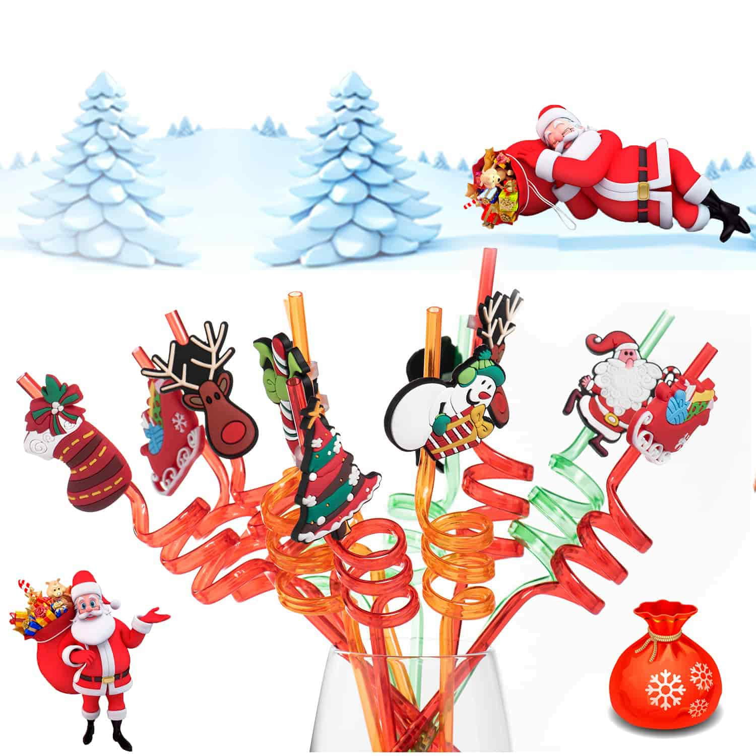 1Pcs 27cm Reusable Cartoon Santa Claus Xmas Tree Elk Straws
