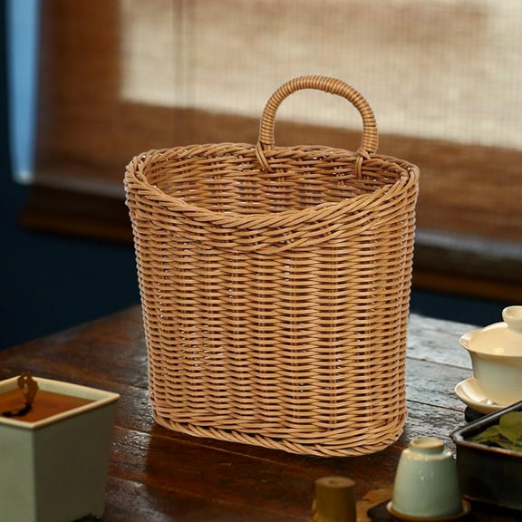 Plastic Woven Wall Basket | Rattan Style Storage Organizer | Vintage Decorative Hanging Bin for Bathroom Kitchen Living Room | 8.3x4.7x8.3 Inches | Brown
