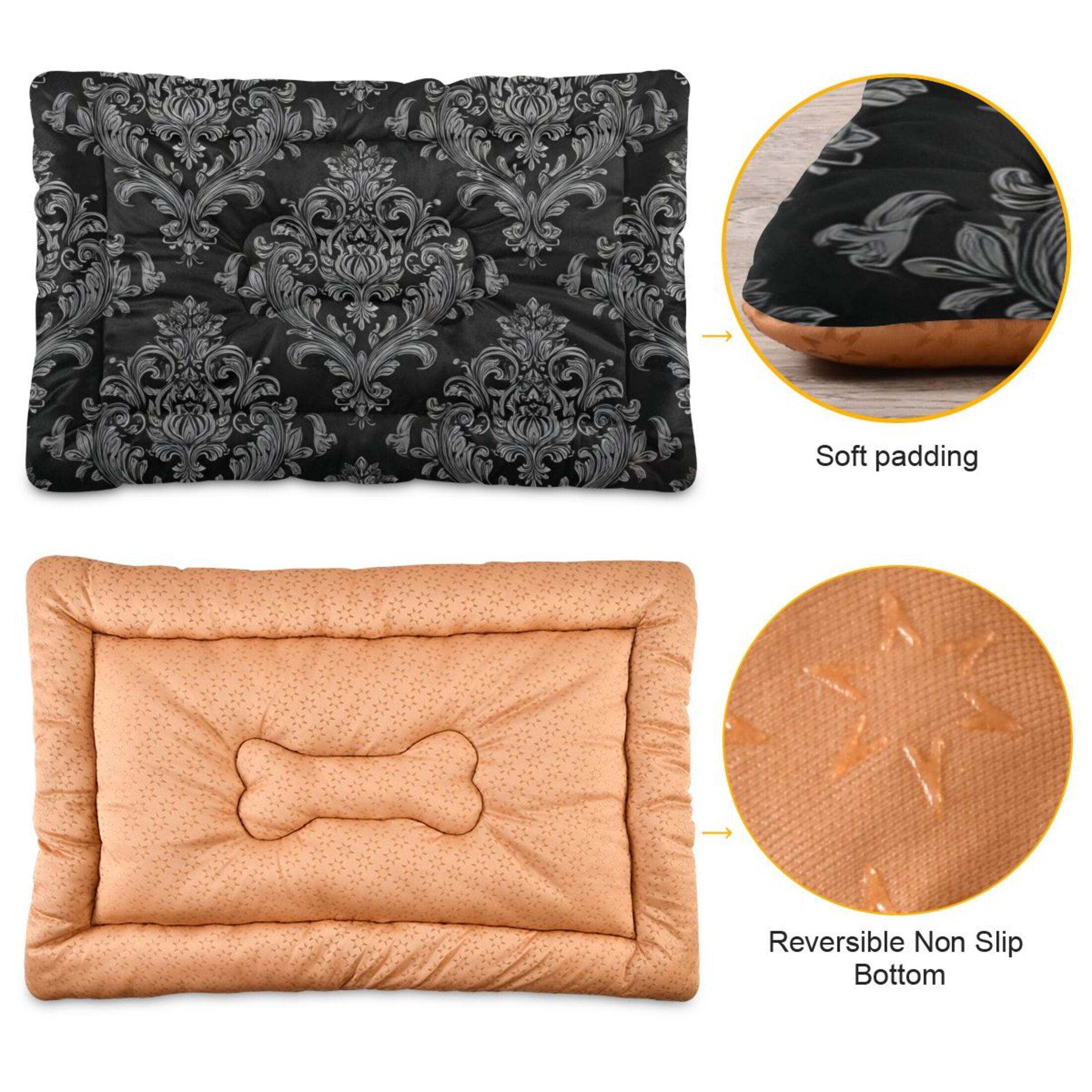 Cozy Mat Pet Bed Indoor Outdoor Warm Soft For Cat Dog Puppy(S/M) Black Silver Damask Pattern