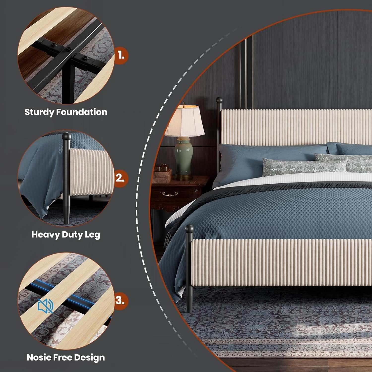 King Size Bed Frame - with Vertical Stripes headboard, Corduroy upholstered Bed upholstered Bed Frame with Vintage Metal Legs, no Box Spring Needed, Easy Assembly, White
