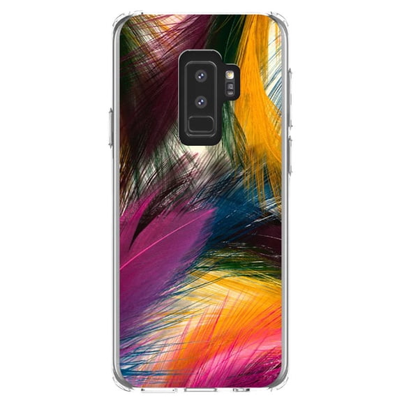 DistinctInk Clear Shockproof Hybrid Case for Samsung Galaxy S9  PLUS (6.2" Screen) - TPU Bumper, Acrylic Back, Tempered Glass Screen Protector - Multi Color Feathers