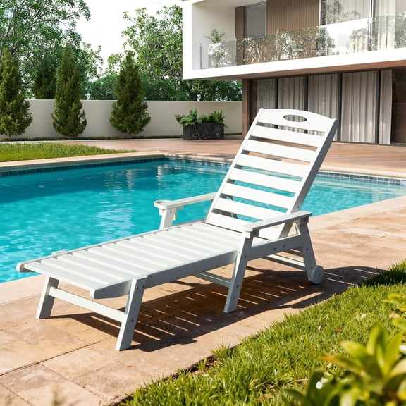 Domi Outdoor Patio Chaise Lounge Chair, HDPE Pool Lounger with Adjustable Reclining Backrest for Poolside, Backyard & Sunbathing, White