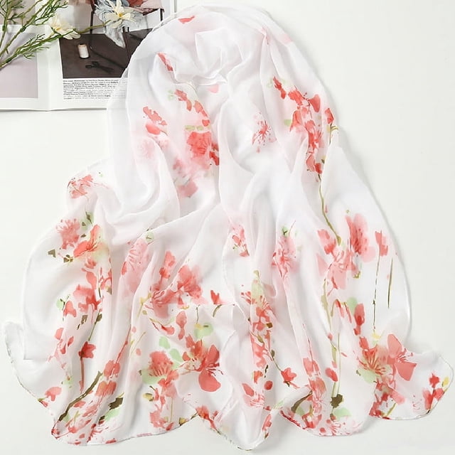 Nvzi Elegante bufanda cuadrada, nueva bufanda de gasa, moda de primavera, bufanda fina con estampado, decoración, chal protector solar, 1 pieza (blanco + rojo)