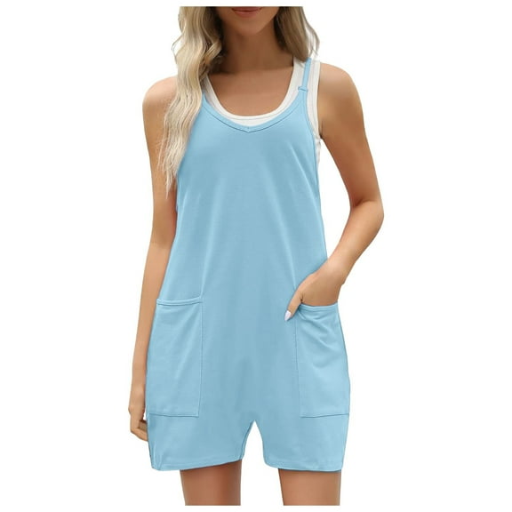 Riforla Summer Rompers for Women Dressy Casual Wide Leg Short Jumpsuits with Pockets Adjustable Strap Loose Overall Shorts Blue XL