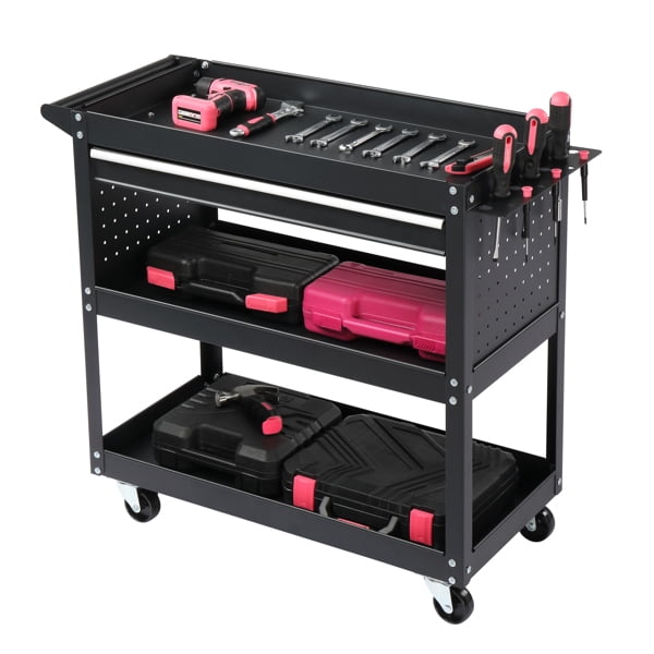 AsterOutdoor 3-Tier Heavy Duty Rolling Tool Cart with Pegboard, Drawer & 4 Hooks, 330lb Capacity Metal Utility Cart for Garage Workshop Storage，Black