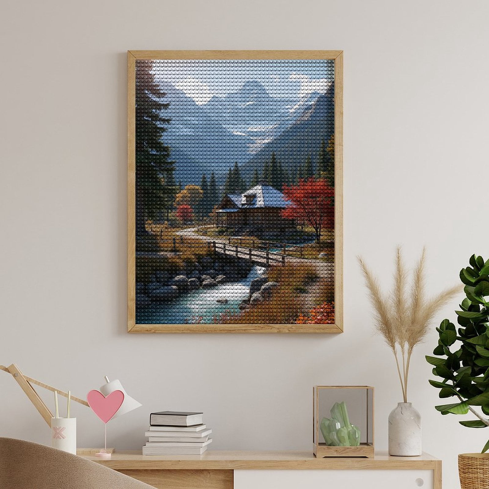 Diamond Art Kits for Adults, Mountain Cabin Autumn Stream Scene 5D Diamond Painting Kits for Adults Beginners, DIY Full Drill Diamond Painting, Gem Art and Crafts 12x16