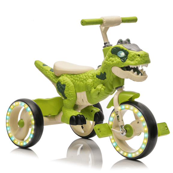 Ride on Dinosaur Tricycle for Kids, Toddlers Kid Trike Bike Big Wheel with EVA Wide Flash Wheels, Anti-slip Pedals & Handles, Rearward Storage Basket, Music, Lights, Toddler Bike for Age 3-5, Green