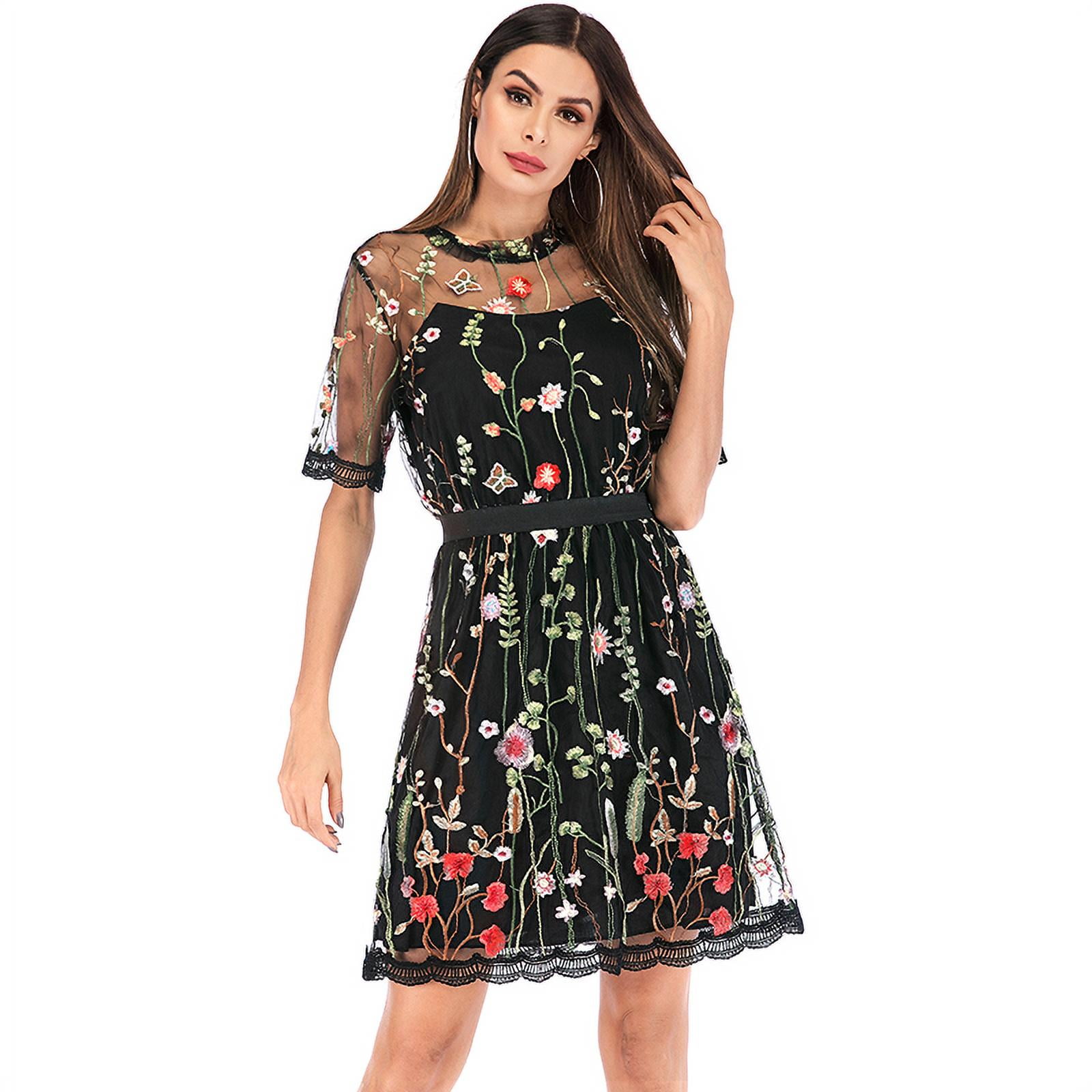 Womens See Through Short Sleeve Floral Embroidery Mesh Vintage Straight Dress 