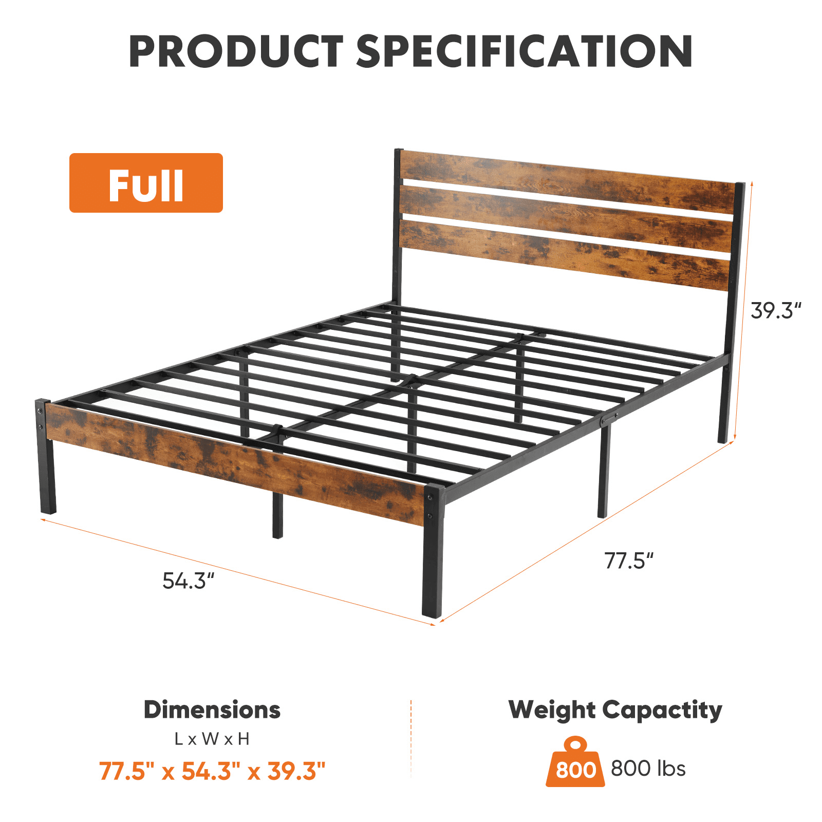 MAYEERTY Full Size Metal Platform Bed Frame with Headboard & Footboard 800LBS Wooden Slats No Box Spring Needed