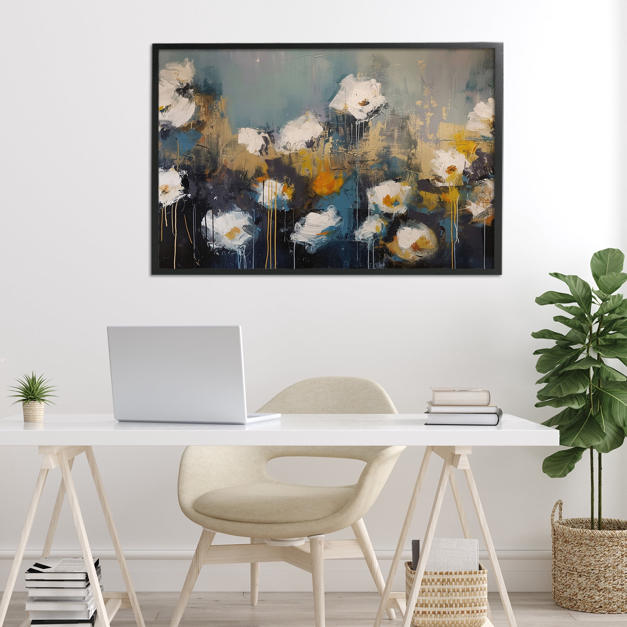 Stupell Industries Contemporary Paint Drip Blossoms Black Framed Giclee Art, design by Jacky Ngan