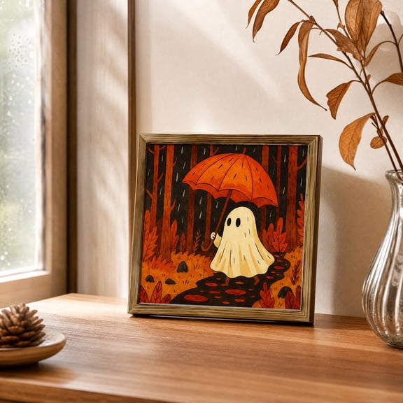 Halloween Decoration Indoor Clearance Under $15.00! Natural Wood Framed Cute Ghost Halloween Wall Art Print Wooden Framed Decor Picture Spooky Ghost Illustration Wall Hanging Decor For Bedroom L