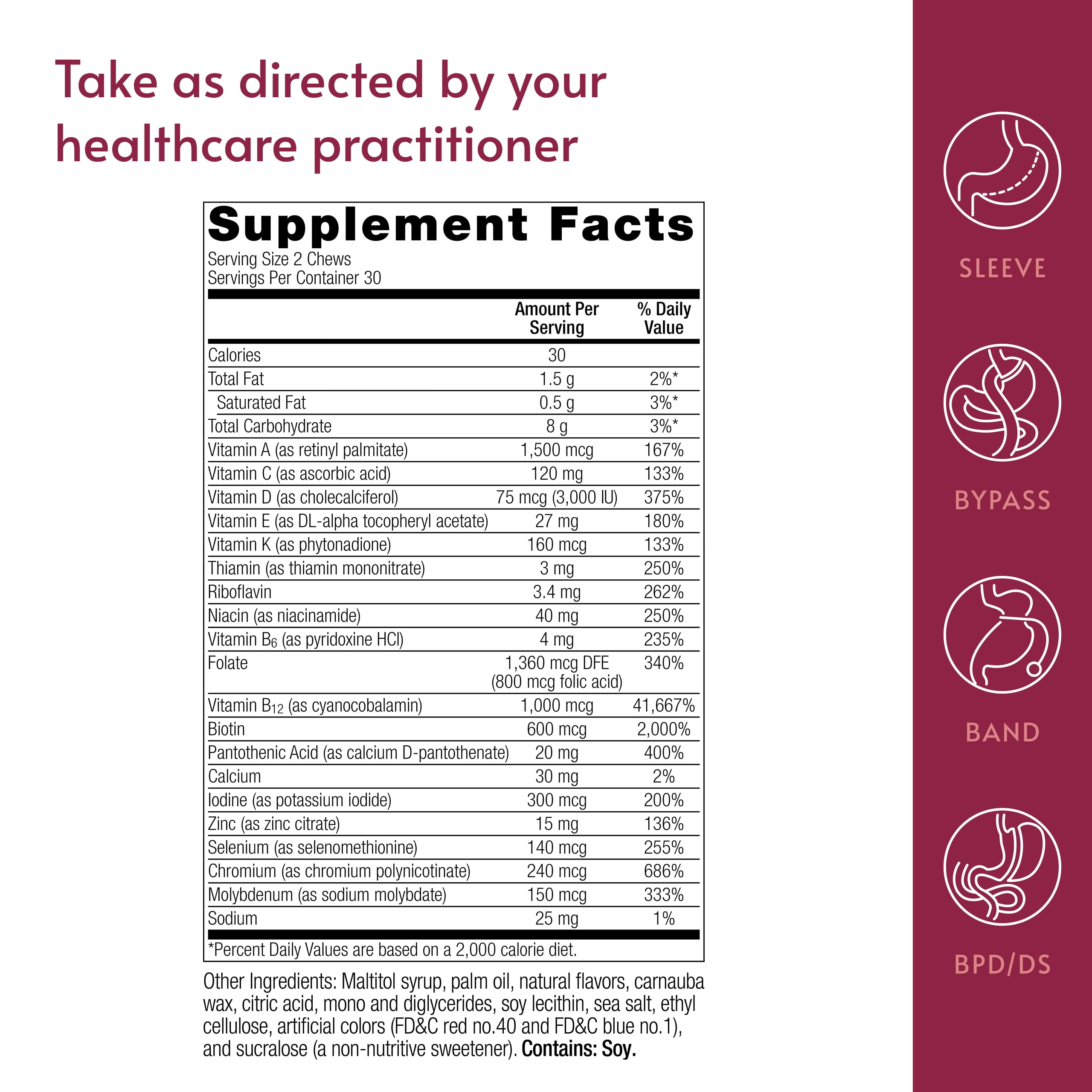 Bariatric Advantage Multi Chewy Bite - Soft Chew Multivitamin for Bariatric Surgery Patients - Chewable Multivitamin with Folic Acid, Vitamin D3 & More - Black Grape Flavor - 60 Count