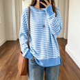 thumbnail image 2 of Womens Sweaters Stripe Side Slit Casual Loose Long Sleeve Tops Fall Winter Pullover Knit Blouse Daily Wear, 2 of 4