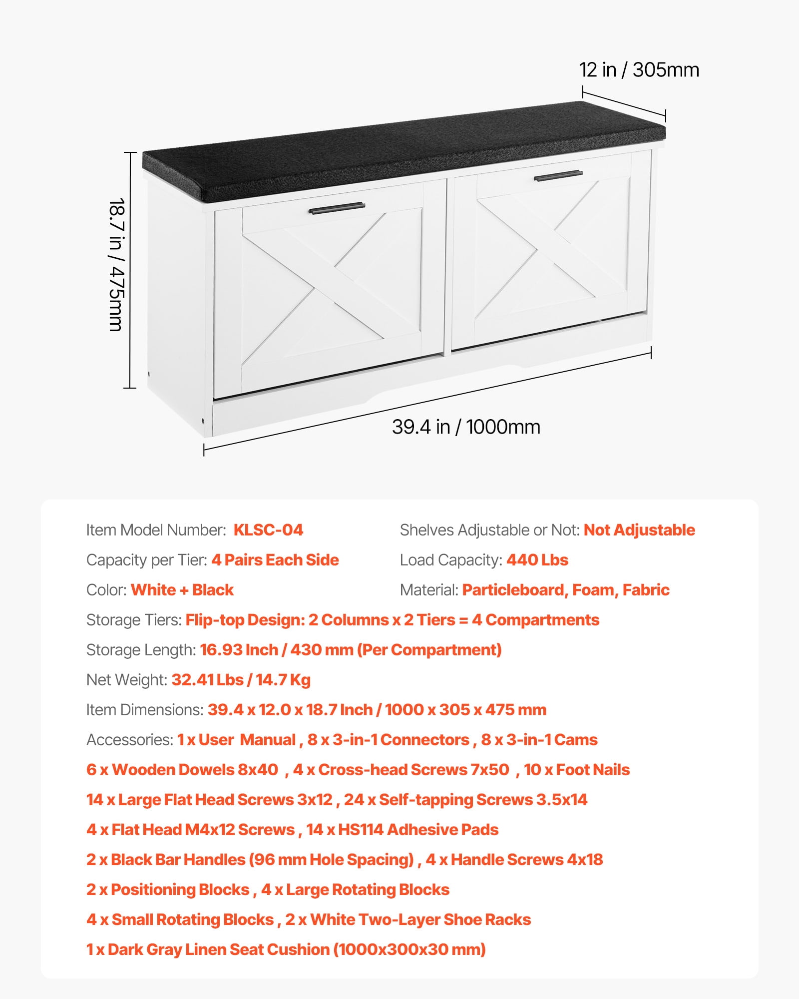 VEVOR Entryway Shoe Storage Bench, 39.4 x 12.0 x 18.7 Inch Shoe Organizer with Flip Drawers, 440lbs Narrow Shoes Rack Bench with Cushion & Flip Doors, for Hallway, Living Room, Bedroom, Black + White