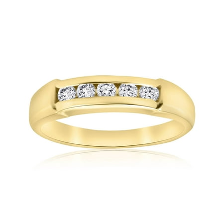 14k Mens Diamond Rings - 1/2ct Mens 14K Yellow Gold Round Diamond Wedding Ring