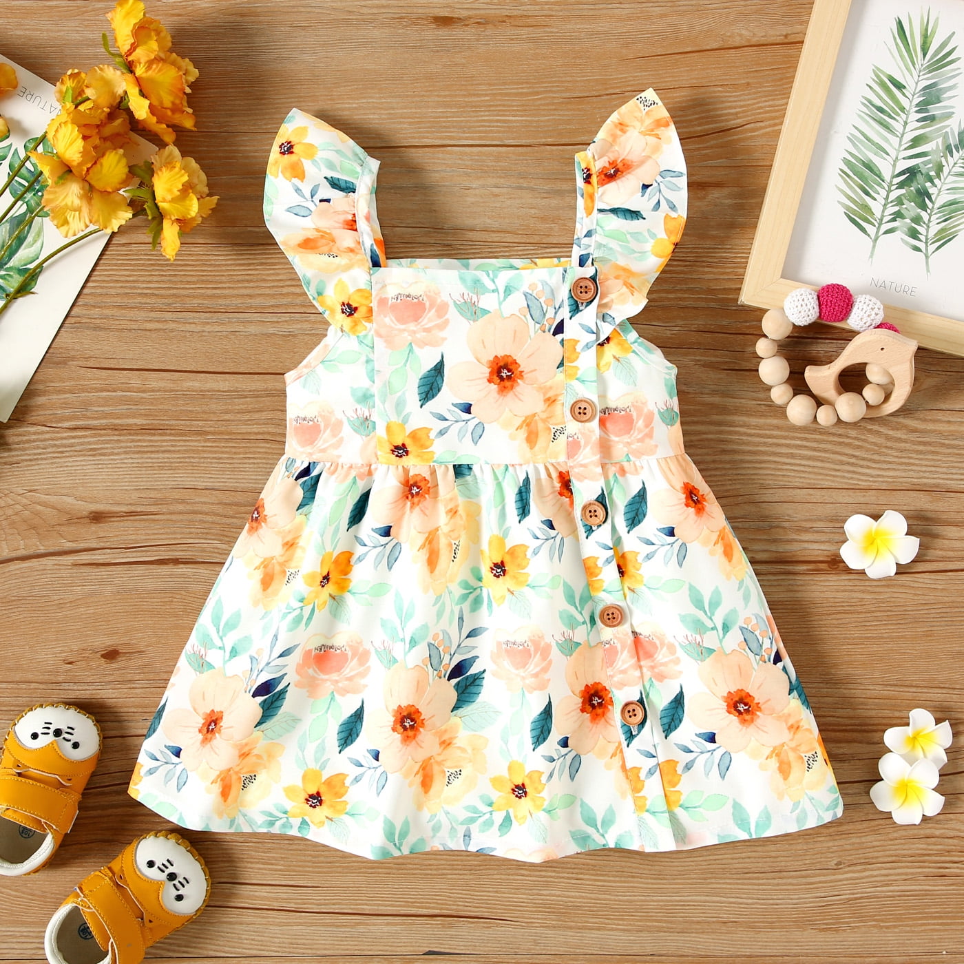 PatPat Baby Girl Flutter Sleeveless Sundress,Button Down Infant ALine