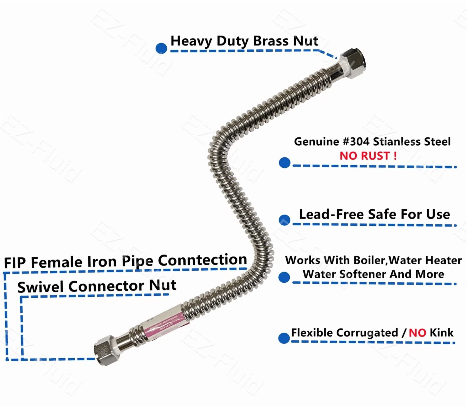 Zyler - 1Pc Corrugated Stainless Water Heater Supply Connector Hose Lines 3/4"Fip X 15"