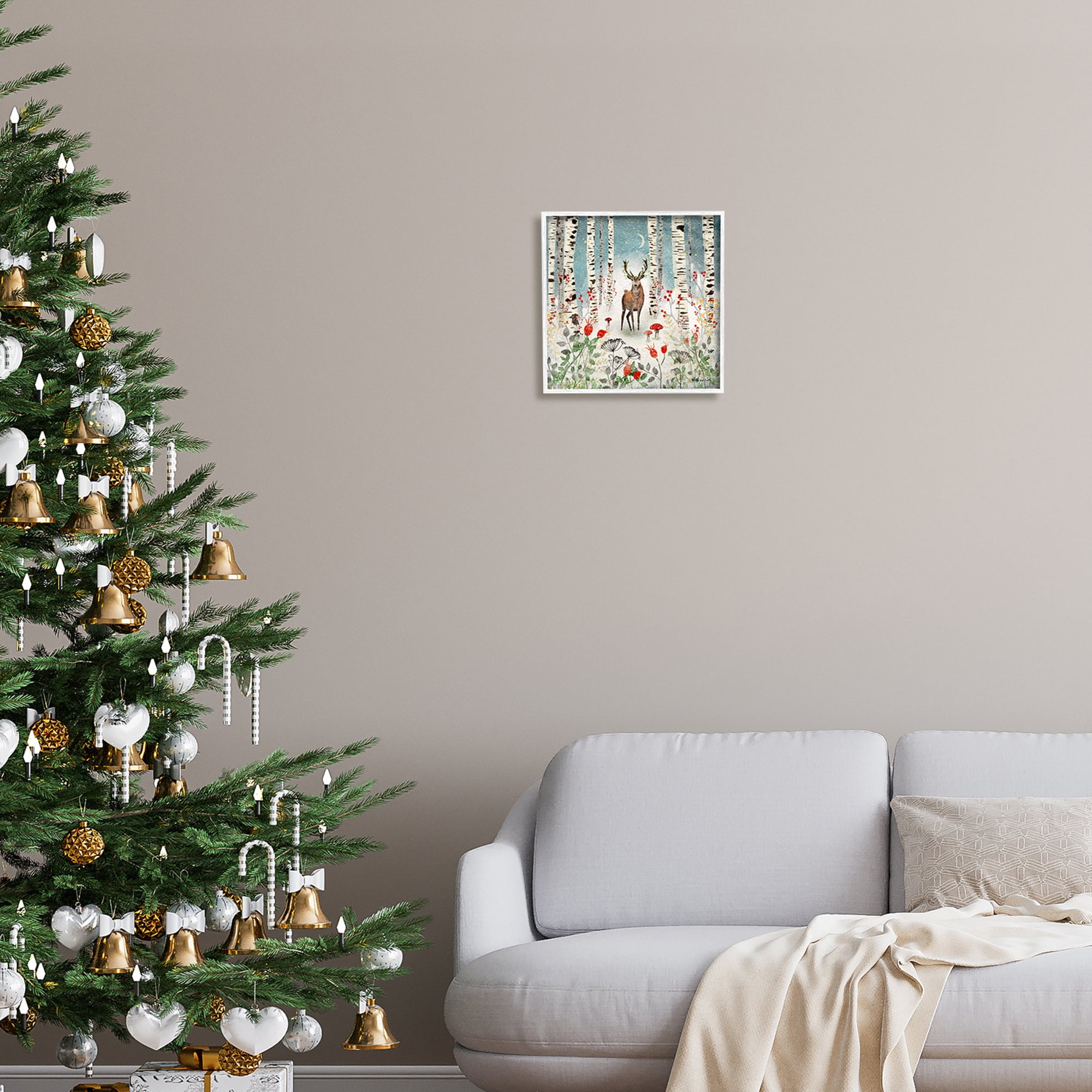 Stupell Industries Deer In Nighttime Birch Forest Holiday Painting White Framed Art Print Wall Art