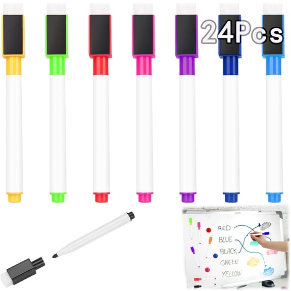 Yahome 24 Pcs Colorful Magnetic Dry Erase Markers with Eraser Cap 8 Colors Fine Tip Point Dry Erase Pen White Board Markers Erasable Pens for Teachers Office Supplies