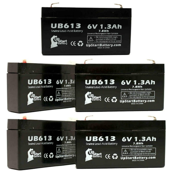 5x Pack - Compatible BATTERY CENTER CM612 Battery - Replacement UB613 Universal Sealed Lead Acid Battery (6V, 1.3Ah, 1300mAh, F1 Terminal, AGM, SLA) - Includes 10 F1 to F2 Terminal Adapters