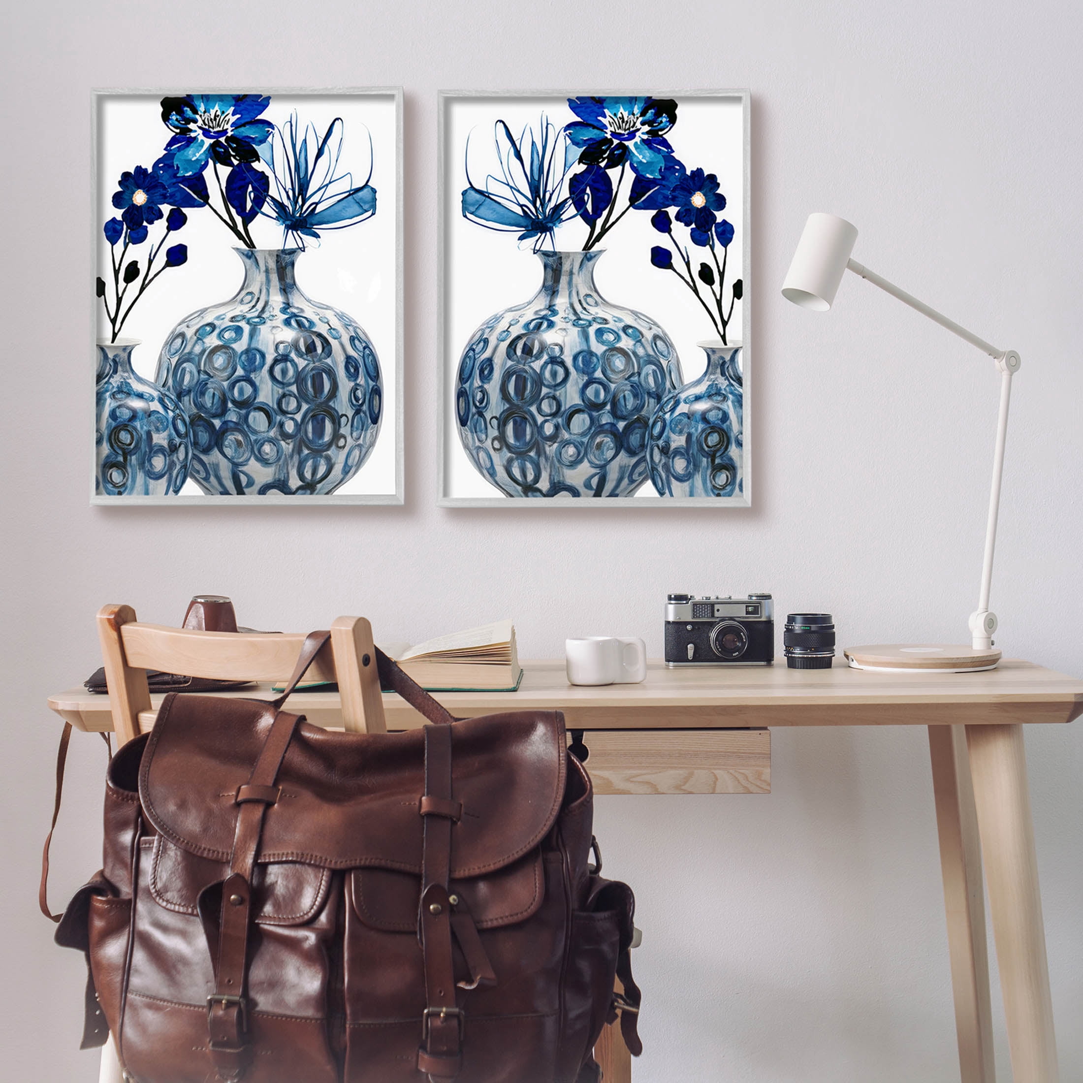 Bold Blue Ikebana Patterned Vase Botanical & Floral Graphic Art Gray Framed Art Print Wall Art, Set of 2