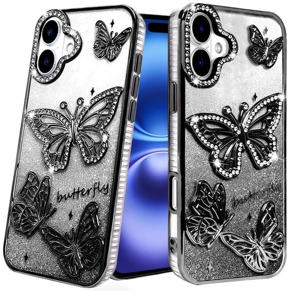 For iPhone 17 Case Bling Butterflies 3D Glitter Phone Cover Tempered Glass