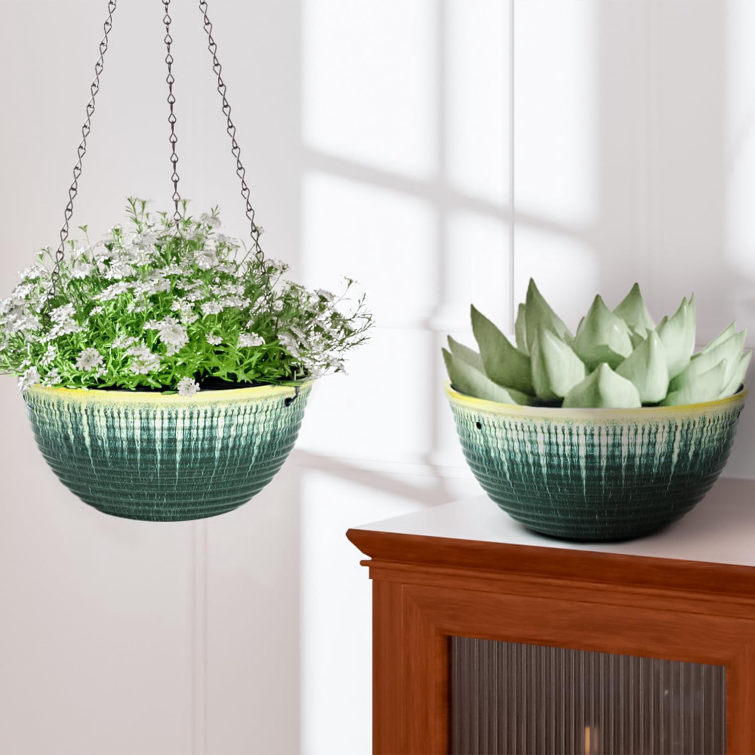 2 Pack Hanging Planters for Indoor Outdoor Plants, 10 Inch Hanging Planter with Drainage Hole & Plug Glazed Hanging Baskets Flower Pots for Garden Home (Green Glaze)
