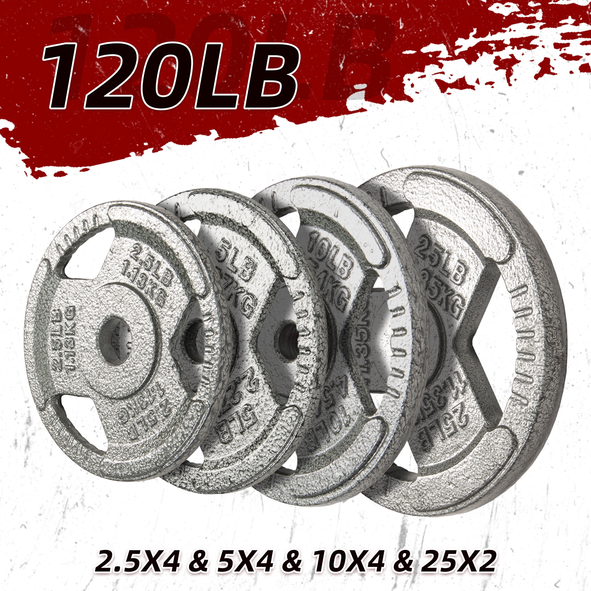 Signature Fitness Standard Cast Iron 1-Inch Weight Plate Set, 120LB Total (25LB x2, 10LB x4, 5LB x4, 2.5LB x4) for Strength Training & Weightlifting