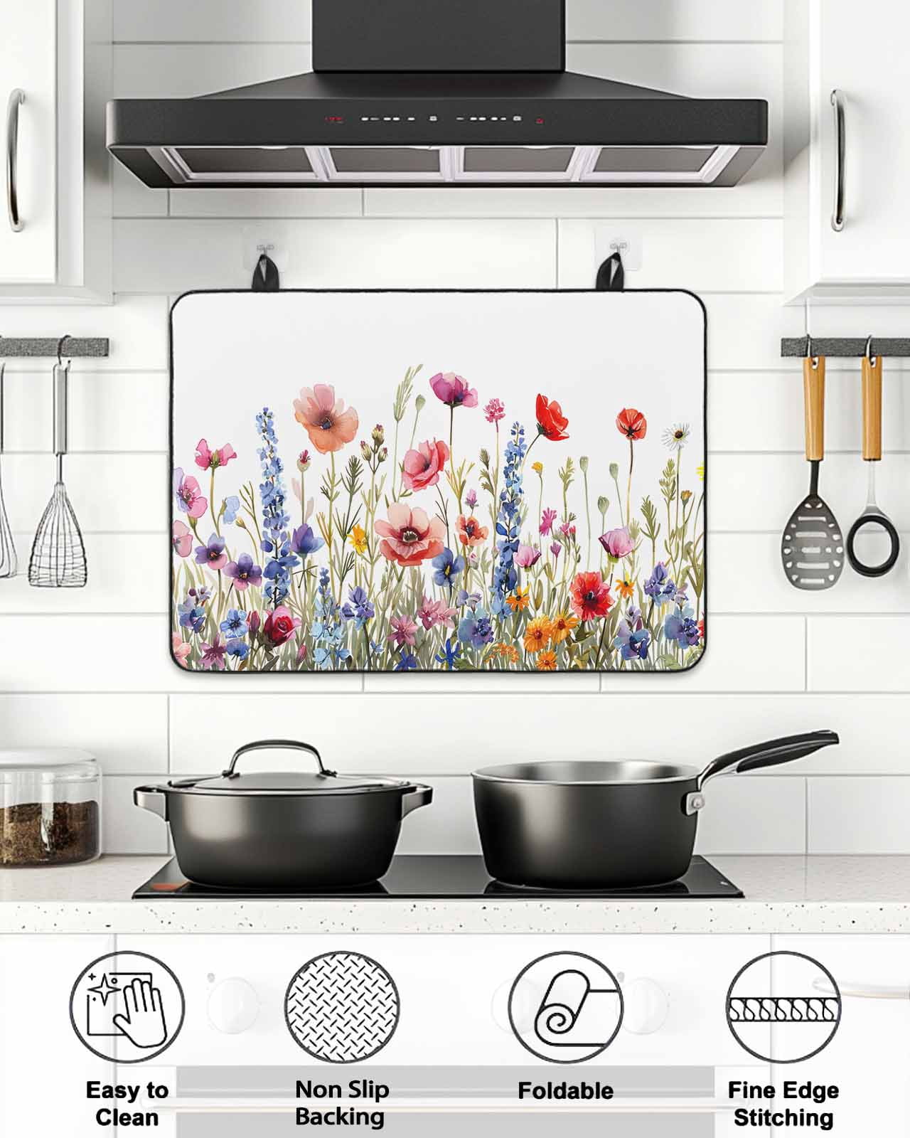 Stove Top Covers for Electric Stove, Pastoral Spring Floral Glass Stovetop Cover Protector, Elegant Summer Flower Botanical Induction Cooktop Protector Oven Mat for Kitchen Countertop 24"x21"
