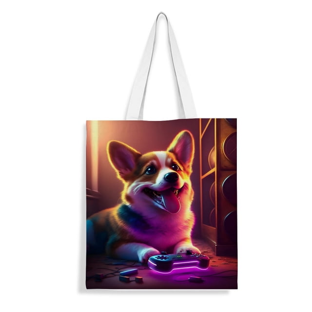 Corgi Bolso de tela con estampado de lienzo para mujer, bolsa de compras reutilizable y estética, con cremallera interior, regalo para mujer, 35 × 40 cm.