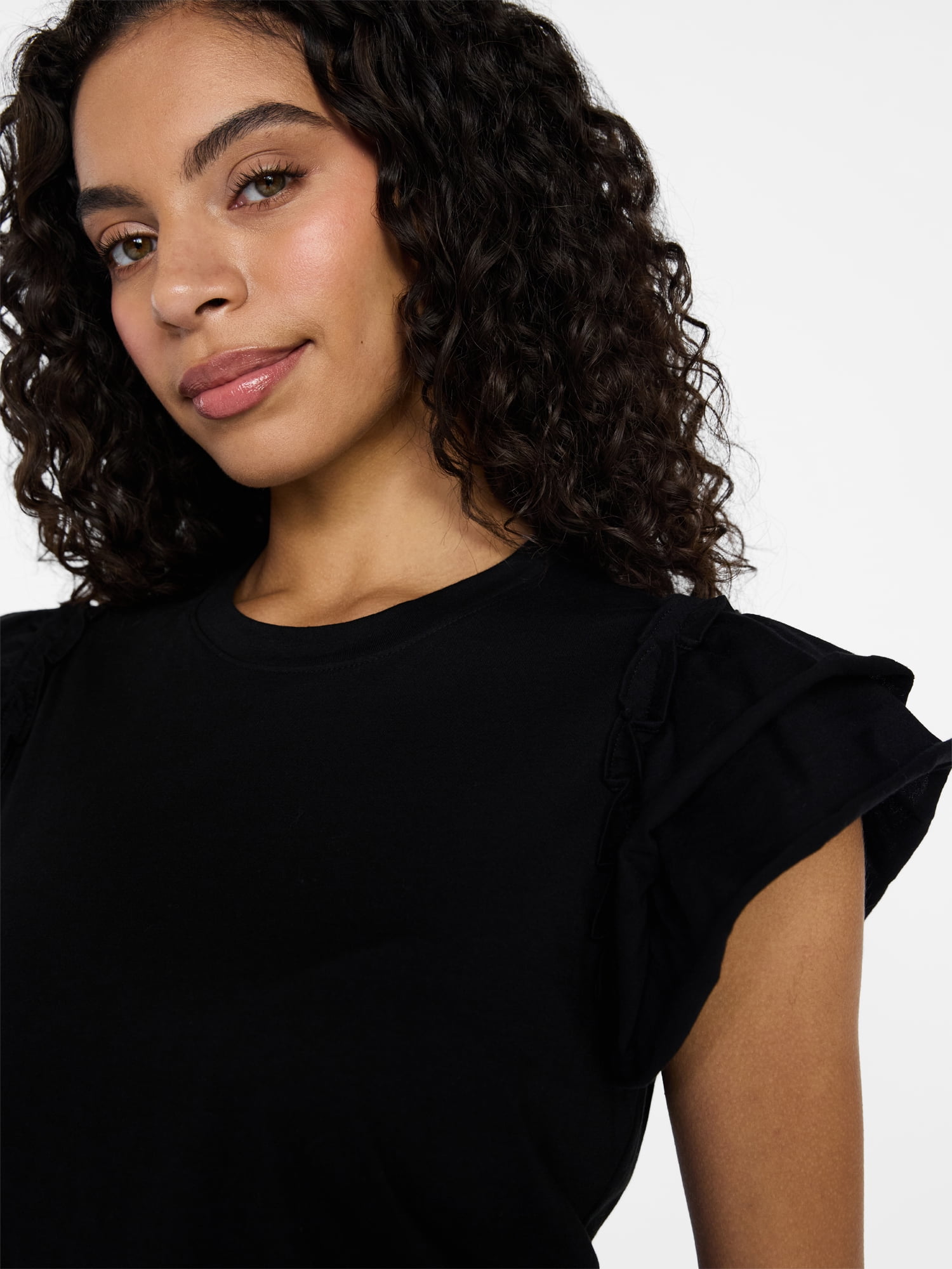 Time and Tru Women's Cotton Crewneck Tee with Ruffle Flutter Sleeves, Sizes XS-XXXL