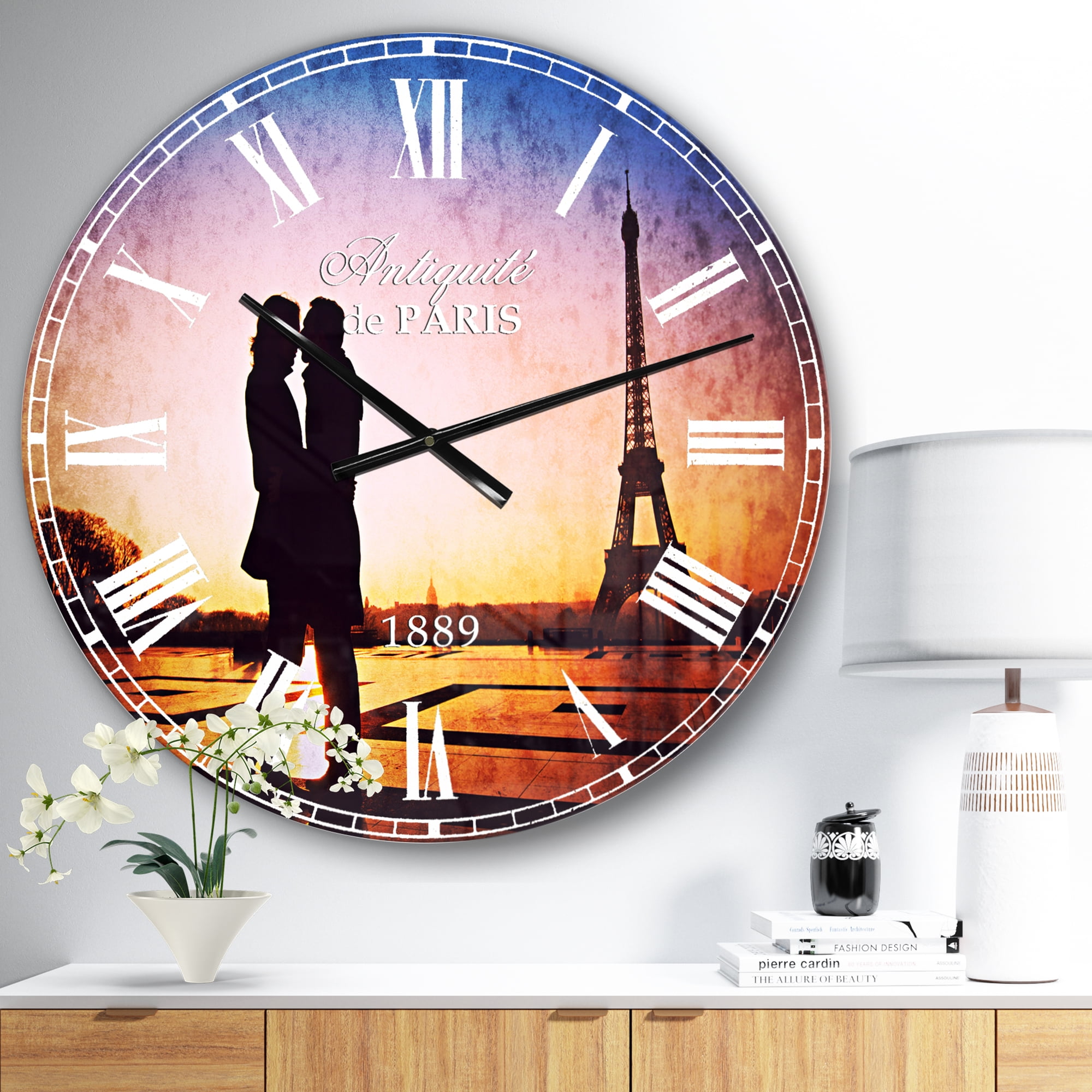 Designart 'Eiffel with Kissing Couple' French Country wall clock