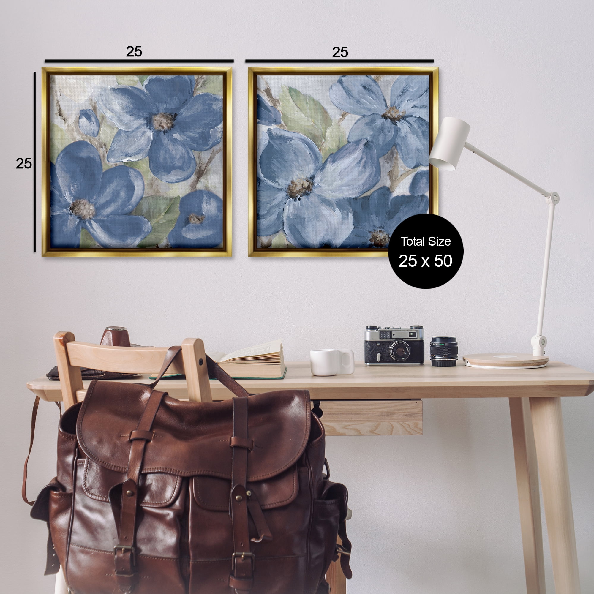 Stupell Industries Blue Blooming Petals Plants & Flowers Painting Gold Floater Framed Canvas Art Print Wall Art, 25 x 25, Set of 2