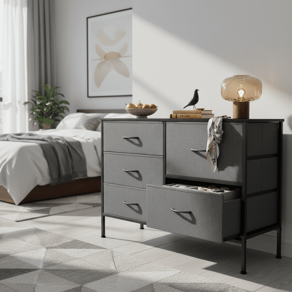 LIFERECORD 5 Drawer Fabric Dresser for Bedroom and Living Room, Chest of Drawer Organizer Storage Cabinet for Closet, Entryway, Grey