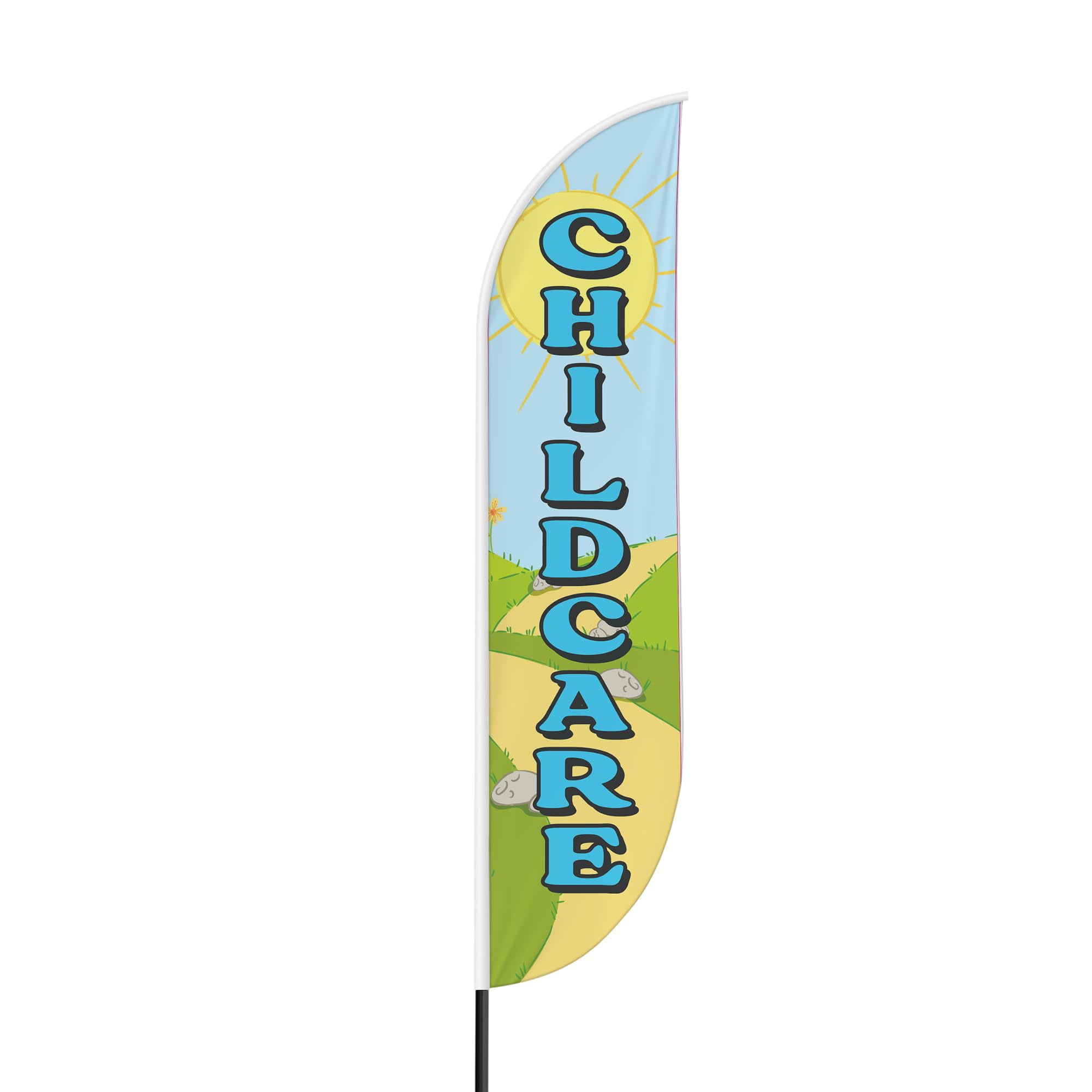 Child Care Sign feather flag Pole Mount for Outdoor by Mavis Print | 15 FEET Long Outdoor Banner Flag Mount for Easy Hang | HD Print Swooper Flag Stand forChild Care Advertising | Made in USA
